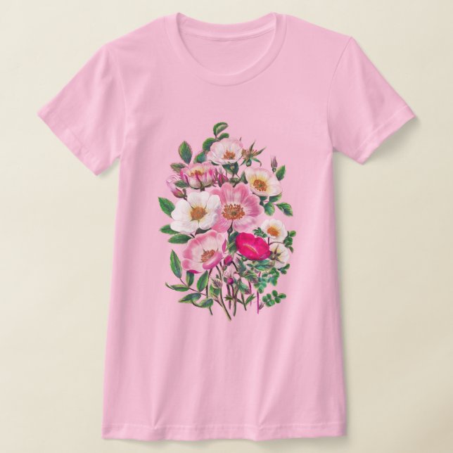 Bouquet Pink & White Wild Rose Flowers T-Shirt (Laydown)