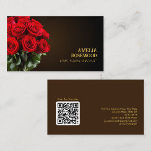 Bouquet Red Roses on Classy Dark Brown QR Code Business Card