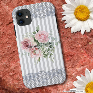 Bouquet roses Elegant dusty blue stripes lace cute Case-Mate iPhone Case