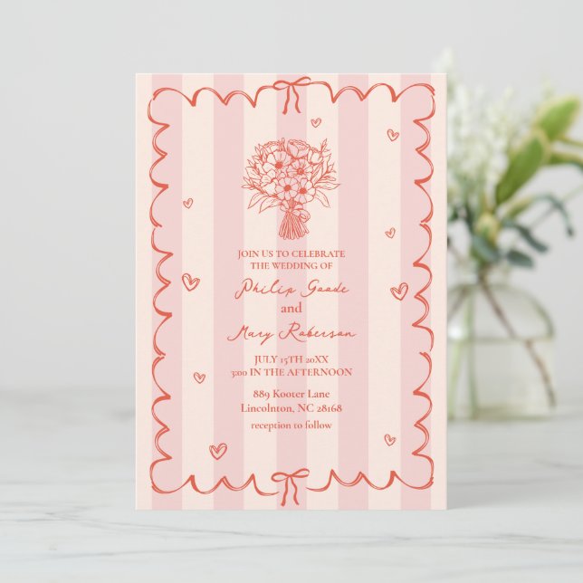 Bouquet Scalloped Pink Stripe Tropical Invitation (Standing Front)