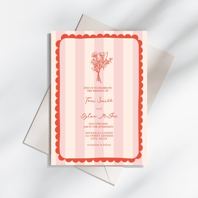Bouquet Scalloped Pink Stripe Tropical Wedding Invitation (Creator Uploaded)