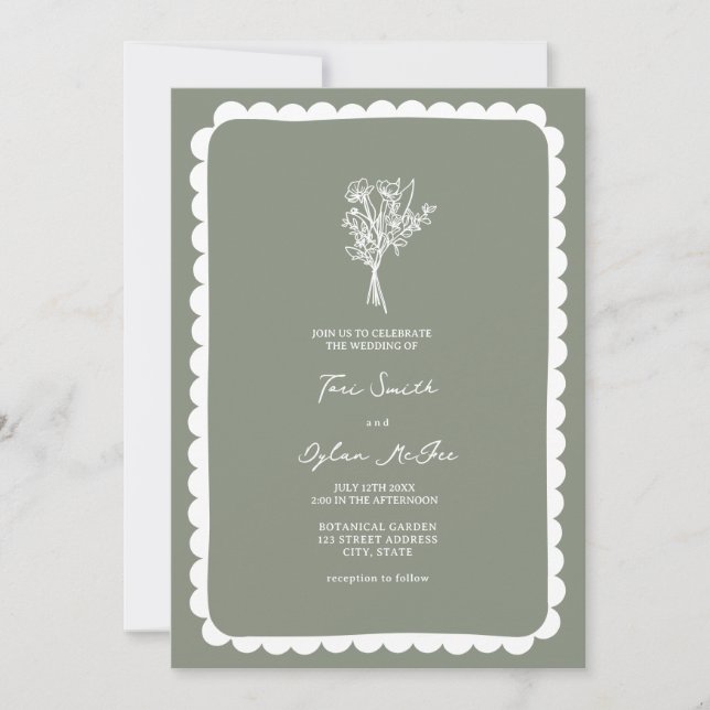 Bouquet Scalloped Sage Green Wedding Invitation (Front)