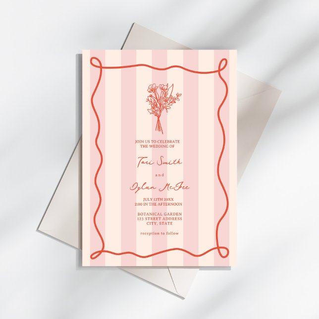 Bouquet Swirl Pink Stripe Tropical Wedding Invitation (Creator Uploaded)