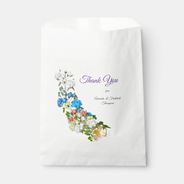 Bouquets of Multi-colour Roses  on Silk textures Favour Bags (Front)