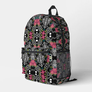 Bouquets of pink flowers flowers on a geometric printed backpack