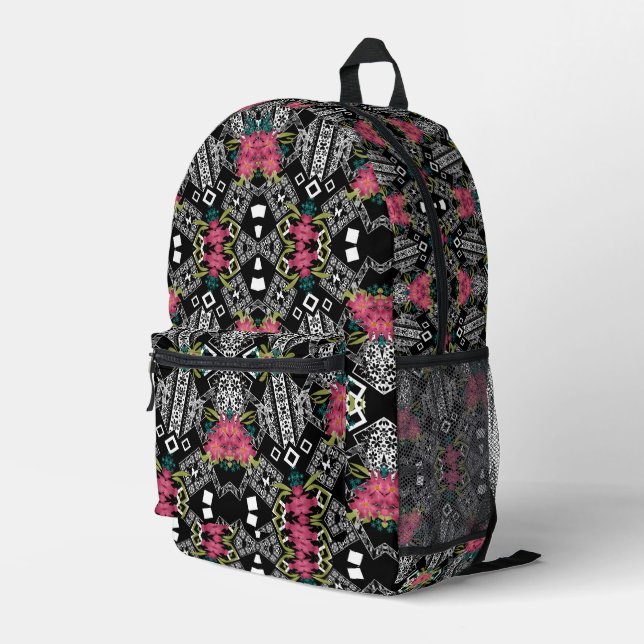 Bouquets of pink flowers flowers on a geometric printed backpack (Back Corner Right)