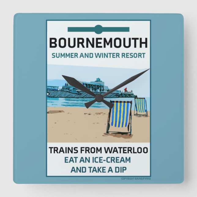 Bournemouth Vintage Retro Seaside   Square Wall Clock (Front)
