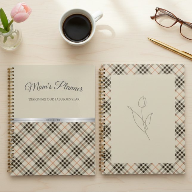 Boutique Beige Plaid Moms Fabulous Year Planner (Stylish beige plaid planner with elegant dark gray script and gold coil)
