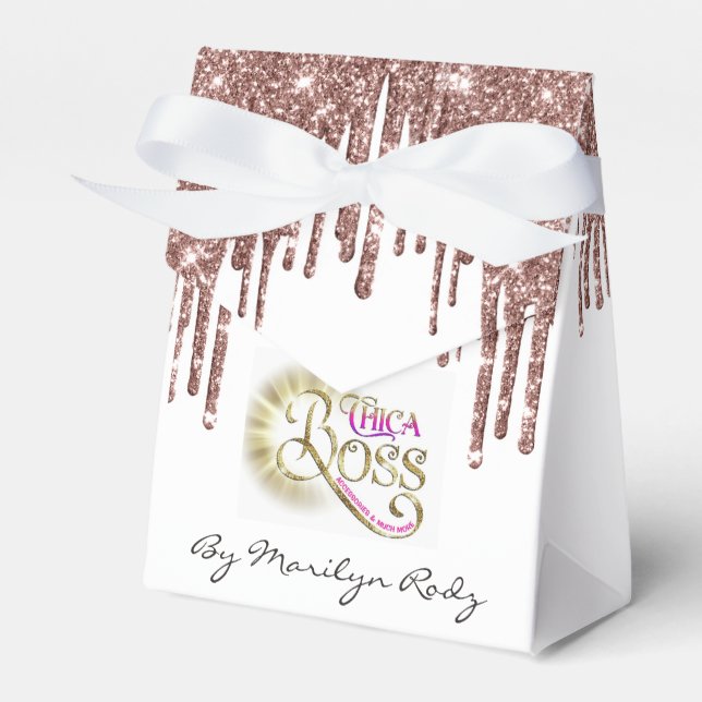 Boutique Online Shop Rose Drips Glitter Logo White Favour Box (Front Side)