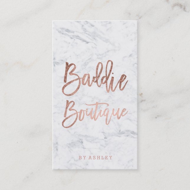 Boutique script rose gold typography marble business card (Front)