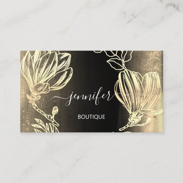Boutique Shop Black Gold Flowers QR Code Business Card (Front)