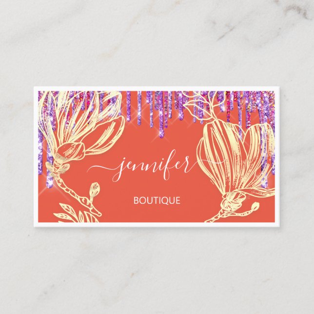 Boutique Shop Drips Gold Flowers Framed QR Logo Business Card (Front)