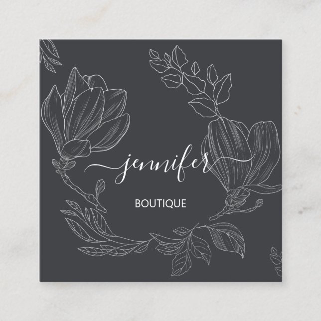 Boutique Shop Grey Silver Flowers QR Logo Square Business Card (Front)