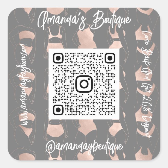 Boutique Shop Lingeire QrCode Logo Body Grey Rose Square Sticker (Front)