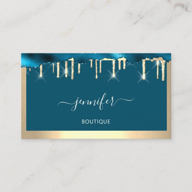 Boutique Shop QR Code Drips Teal Golden Frame Business Card (Front)