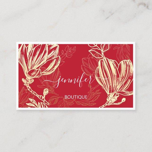 Boutique Shop Red Gold Flower Framed QR Logo  Business Card (Front)