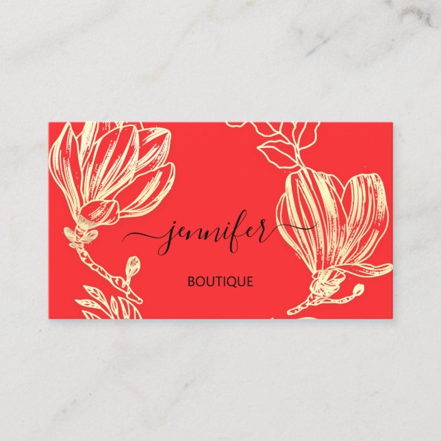 Boutique Shop Red Gold Flowers Wreath QR Code  Business Card (Front)