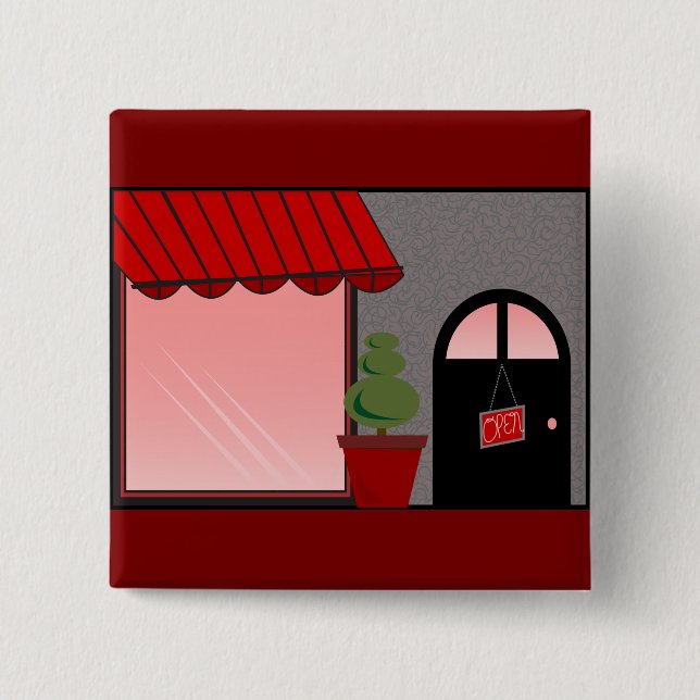 Boutique Storefront Red Black Topiary Open 15 Cm Square Badge (Front)