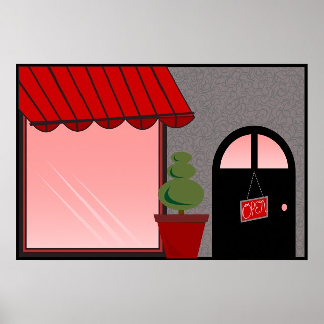 Boutique Storefront Red Black Topiary Open Poster (Front)