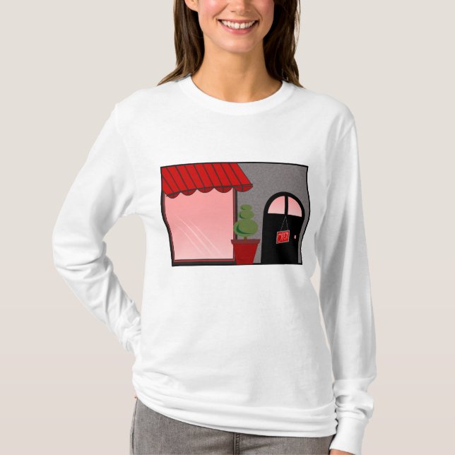 Boutique Storefront Red Black Topiary Open T-Shirt (Front)