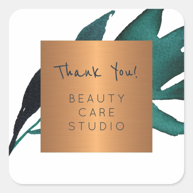 Boutique studio copper metallic leaves thank you square sticker (Front)