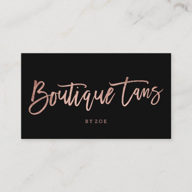 Boutique tans logo rose gold typography black business card (Front)