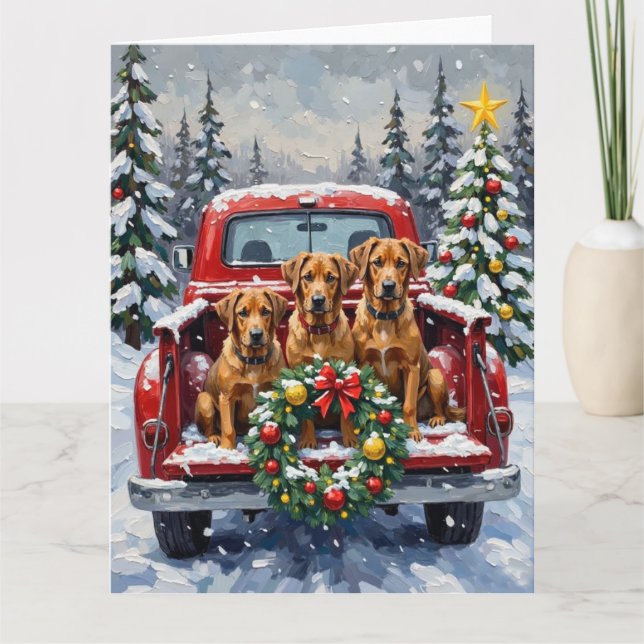 Bouvier des Flandres Christmas Red Truck Holiday Card (Front)