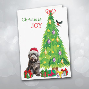 Bouvier des Flandres Dog, Bird and Christmas Tree Holiday Card