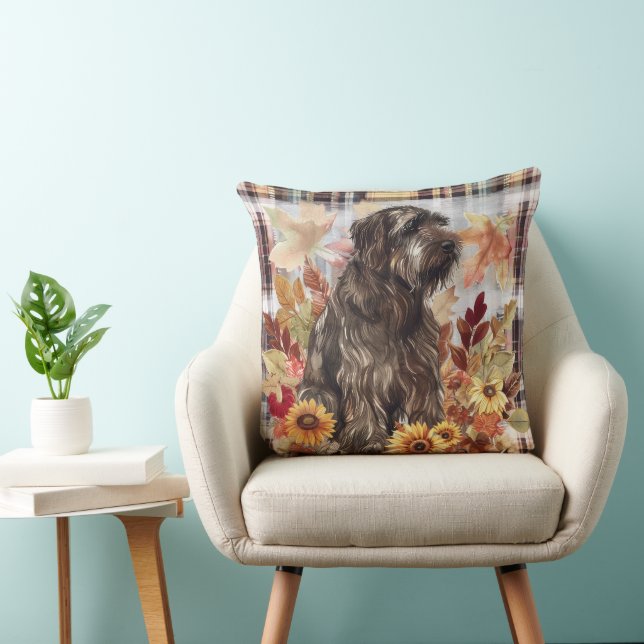 Bouvier des Flandres Dog Fall Watercolor Flowers Cushion (Chair)
