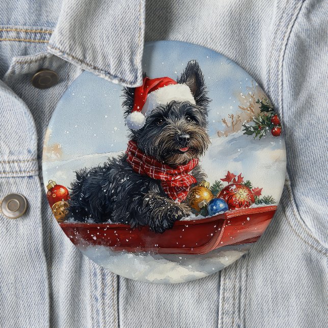 Bouviers Des Flandres Dog in Sledge Christmas 6 Cm Round Badge (In Situ)
