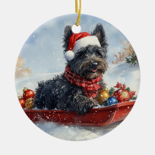 Bouviers Des Flandres Dog in Sledge Christmas Ceramic Tree Decoration (Front)