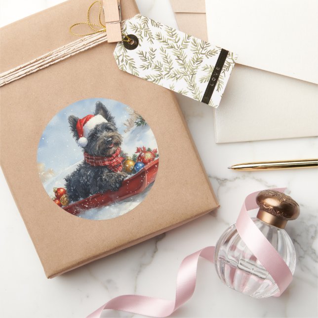 Bouviers Des Flandres Dog in Sledge Christmas Classic Round Sticker (Gifting)