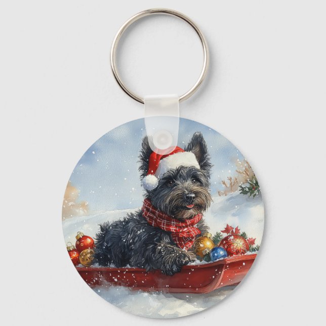 Bouviers Des Flandres Dog in Sledge Christmas Key Ring (Front)