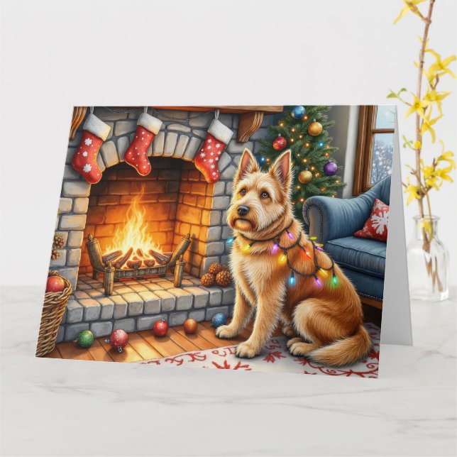 Bouviers des Flandres Fireplace Christmas Lights Card (Yellow Flower)
