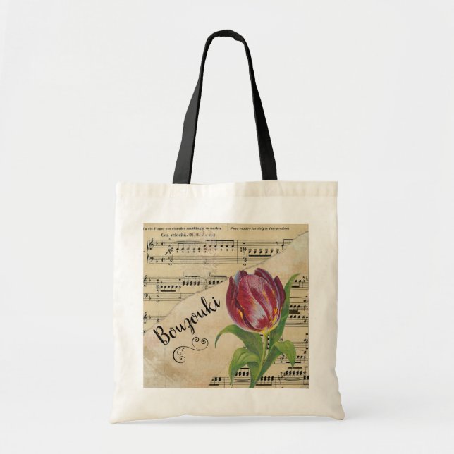 Bouzouki Elegant Tulip Vintage Sheet Music Tote Bag (Front)