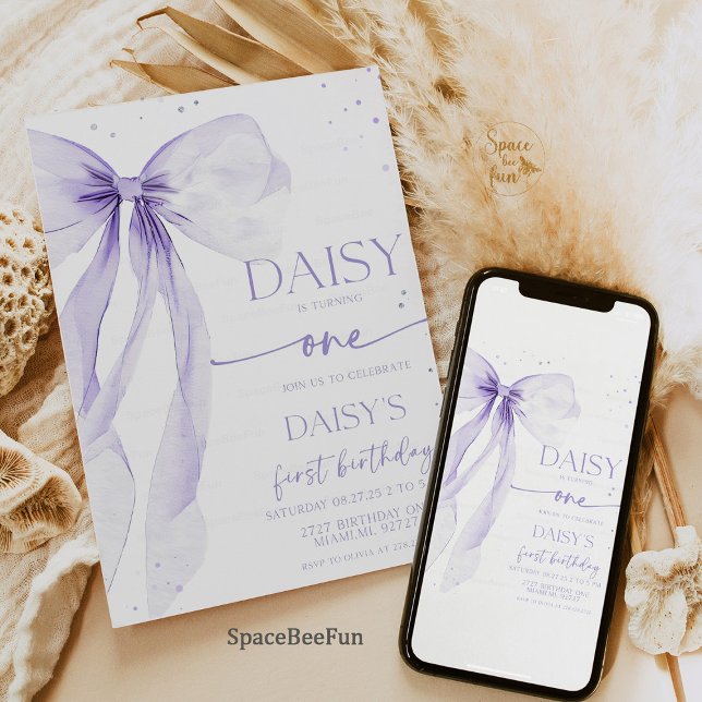 Bow 1st Birthday Coquette Invitation   (1st Birthday Invitation, Bow Invitation, Coquette Style, Elegant Birthday Invite, Customizable Invit)