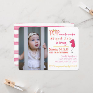 Bow and Balloons Themed 1st Photo Pink Invitation