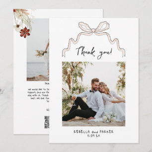 Bow and flowers Wedding Thank you photo Qr scan Card
