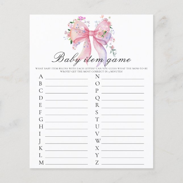 Bow baby shower Baby Item Game (Front)