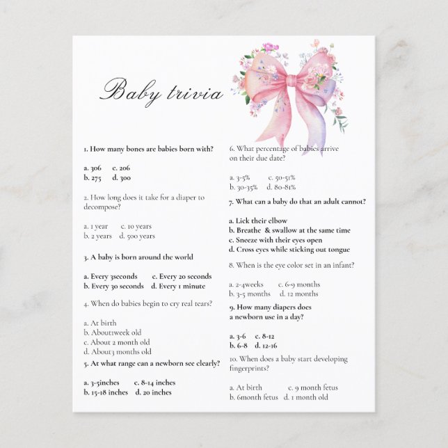 Bow baby shower - Baby Trivia Game (Front)