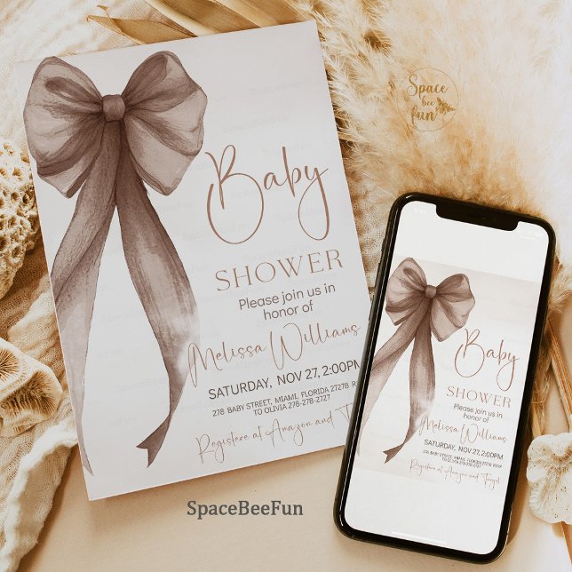 Bow Baby Shower Coquette  Invitation (Bow Baby Shower Invitation, Boho Baby Shower Invite, Gender Neutral Baby Shower, Coquette Baby Showe)