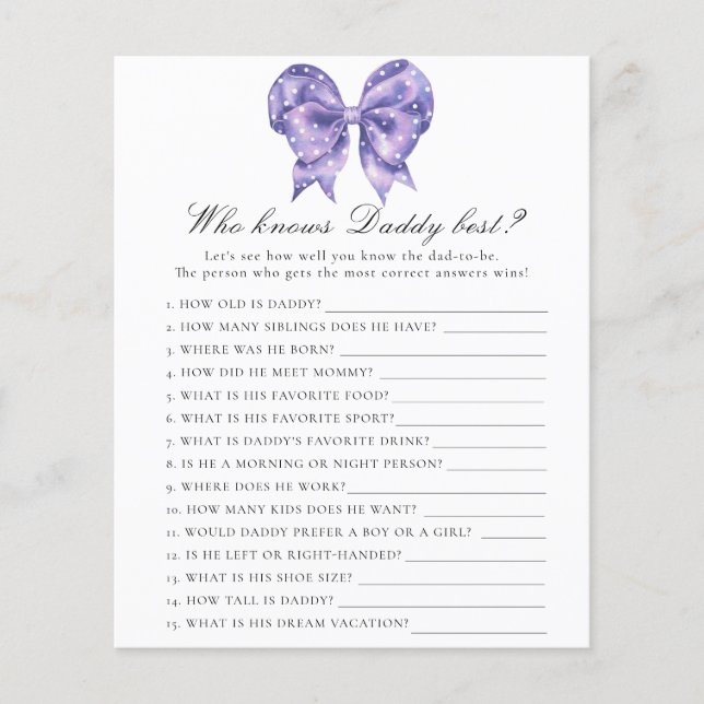 Bow baby shower - Game Who knows daddy best (Front)