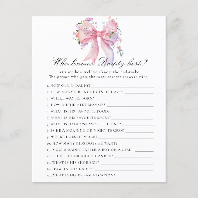 Bow baby shower - Game Who knows daddy best (Front)