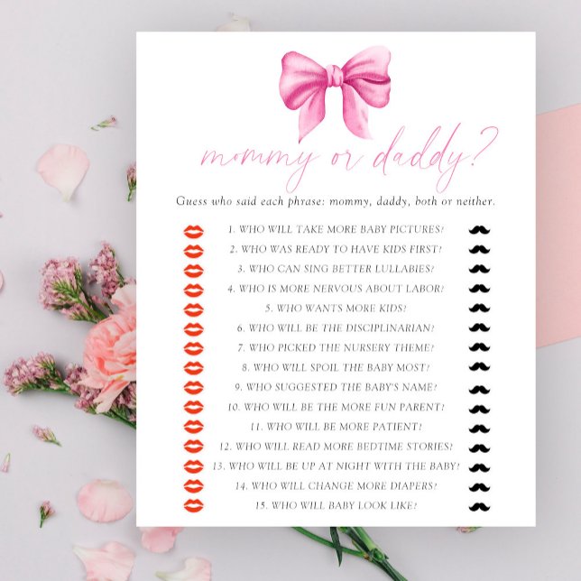Bow baby shower Mummy or daddy baby shower game (Creator Uploaded)