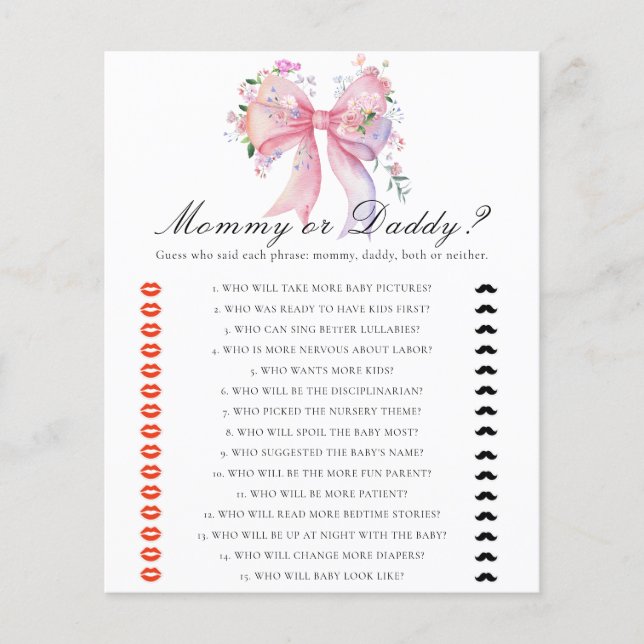 Bow baby shower - mummy or daddy game (Front)