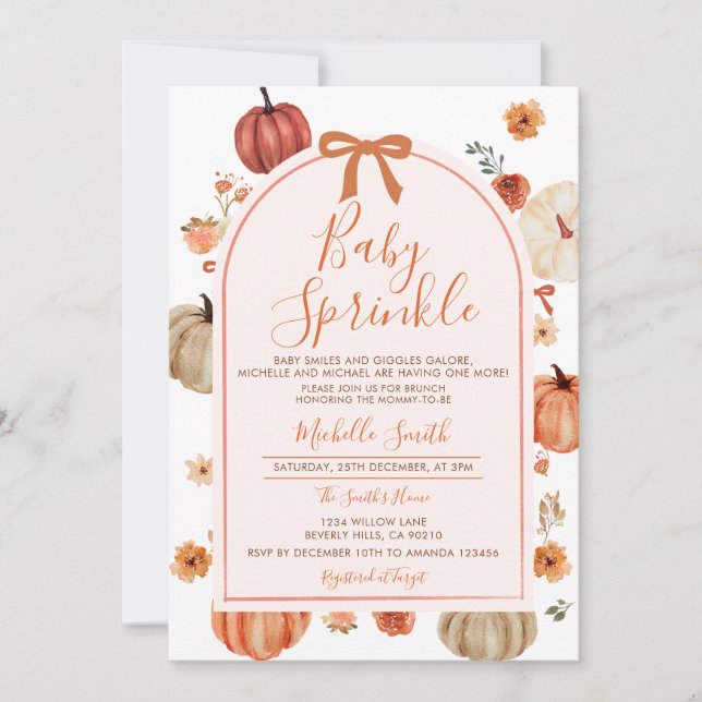 Bow Baby Sprinkle Pumpkin Fall Autumn Baby Shower Invitation (Front)