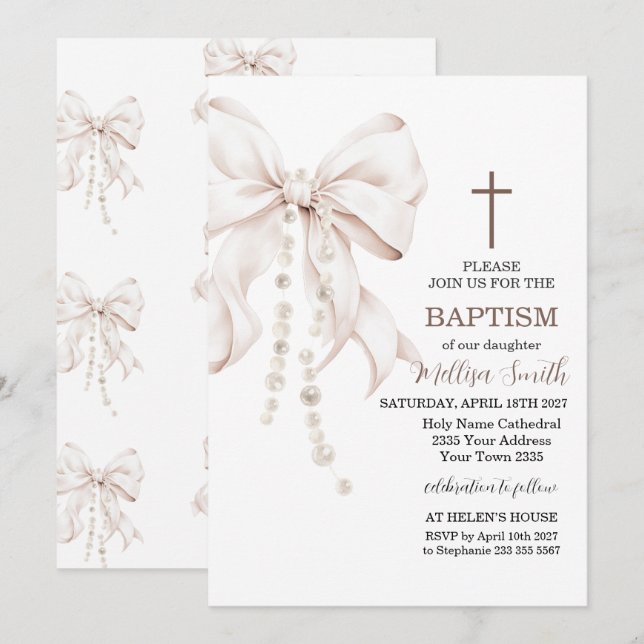 Bow Baptism Girl Invitation (Front/Back)