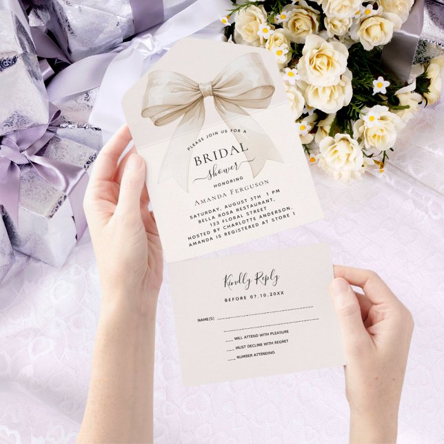 Bow beige cream Bridal Shower rsvp All In One Invitation (Creator Uploaded)