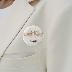 Bow beige cream name tag 6 cm round badge