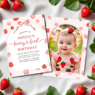 Bow Berry 1st First Birthday Photo Red Girl's Invitation